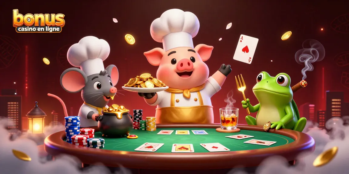 Profitez d'un bonus de casino en ligne en découvrant une scène de casino dynamique avec des personnages colorés.