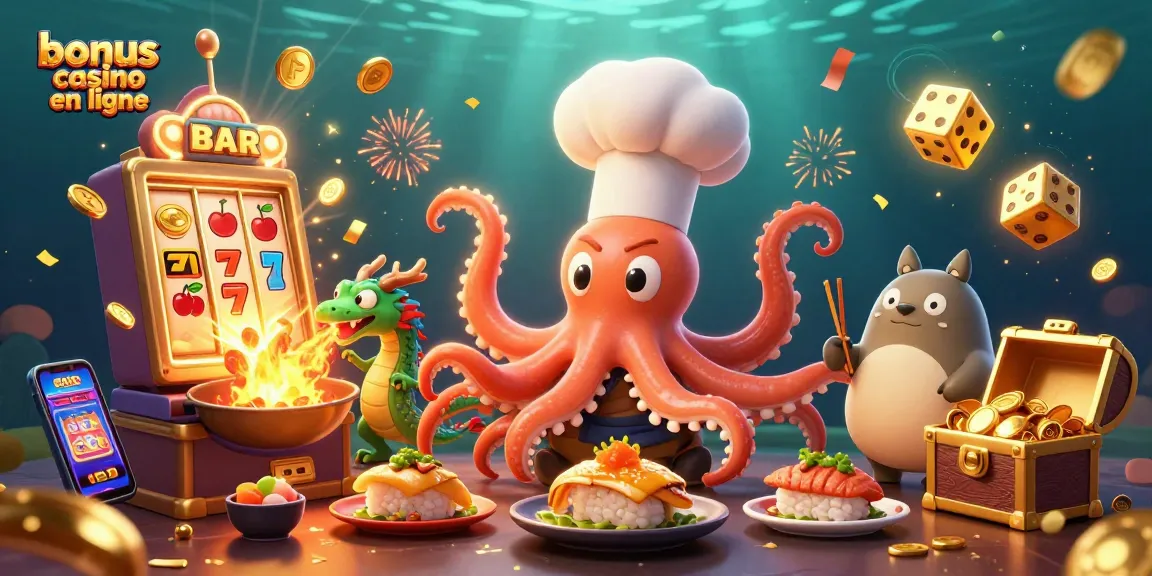 Bonus casino en ligne, animation dynamique avec un chef sushi et un dragon, symboles de jackpot et des effets festifs.