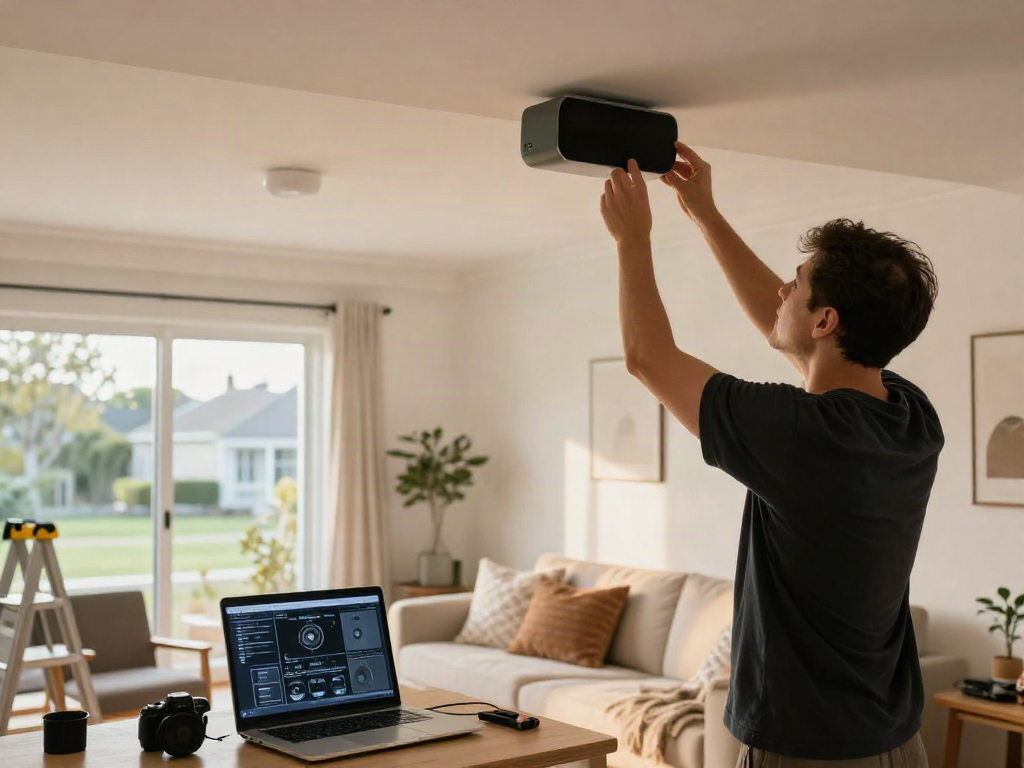 Installing اسپیکر سقفی in a modern living room with professional tools and ambient lighting.