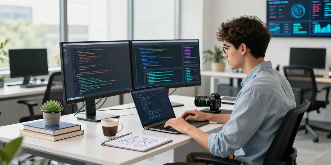 Learn how to make an AI with a modern tech workspace showcasing coding and AI frameworks.
