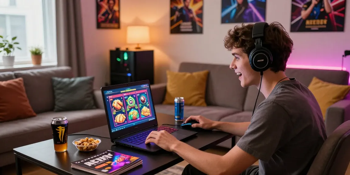 Engaging scene of online gaming with deposit pulsa tanpa potongan on vibrant laptop screen, cozy atmosphere