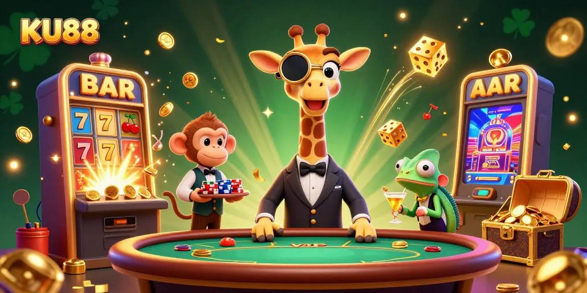 Experience the thrill of KU88 as the high-roller giraffe plays poker amidst a dazzling casino scene.