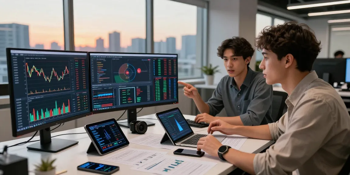 OKX crypto exchange reviews analyzed in a collaborative trading environment with screens showing market data.