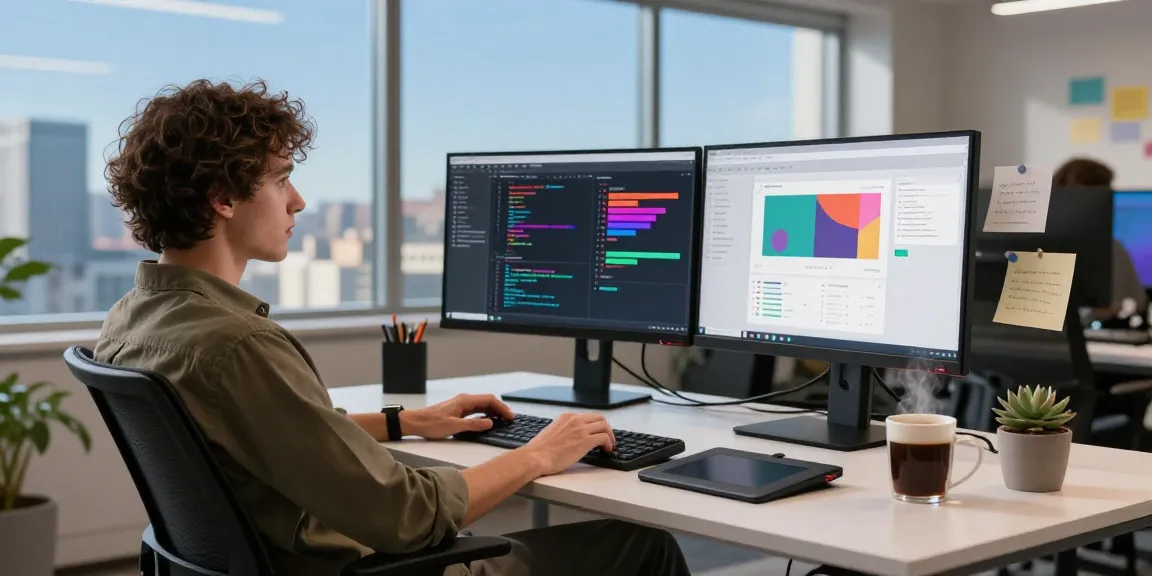 Innovative workspace showcasing a developer using 纸飞机中文版 on dual monitors in a modern tech office.