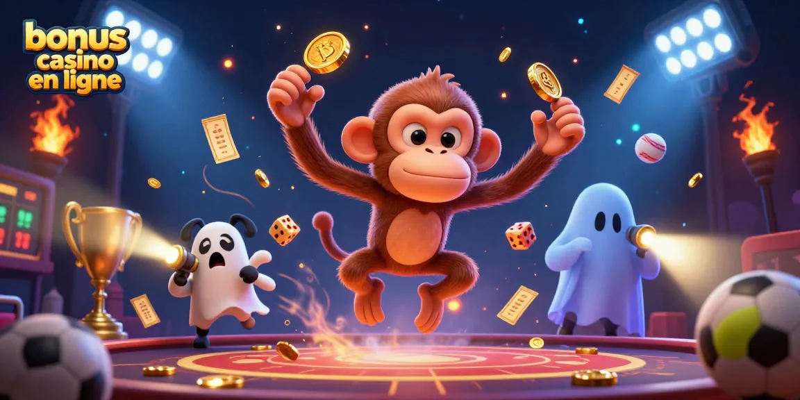 Profitez des bonus casino en ligne en observant les jeux animés d'une scène dynamique remplie d'objets dorés.