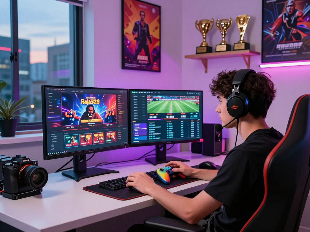 Engaging gaming scene with Raja328 gaming platform showcased on dual monitors, vibrant gaming environment.