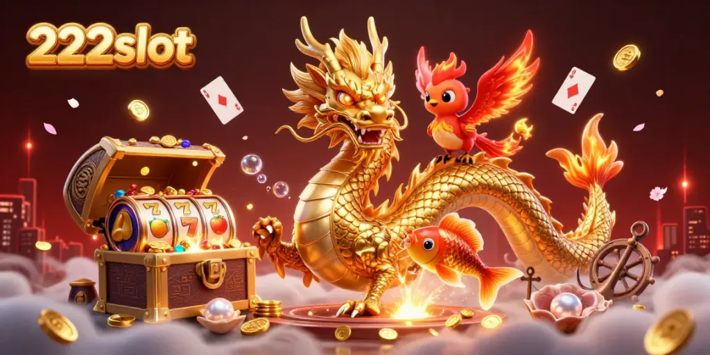 Berinteraksi dengan 222slot, naga emas dan phoenix merah dikelilingi harta karun.