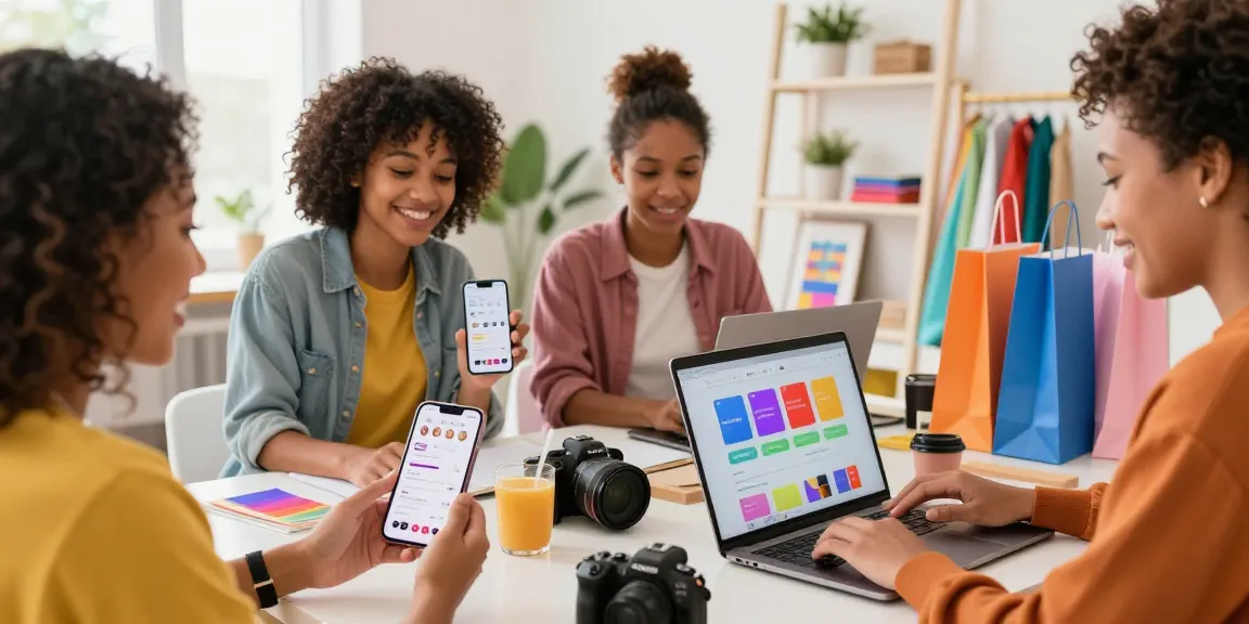 In a lively e-commerce setting, influencers discussing strategies to buy cheap Instagram followers now, showcasing their devices and engagement stats.