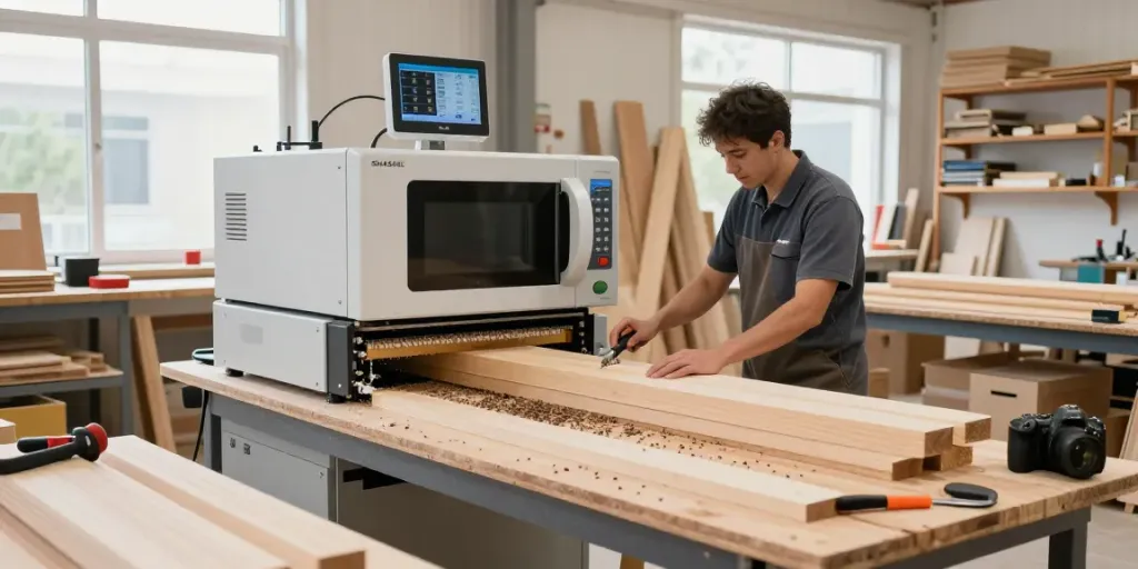 SHASHEL® microwave wood treatment in a modern workshop eliminating wood-boring insects efficiently.