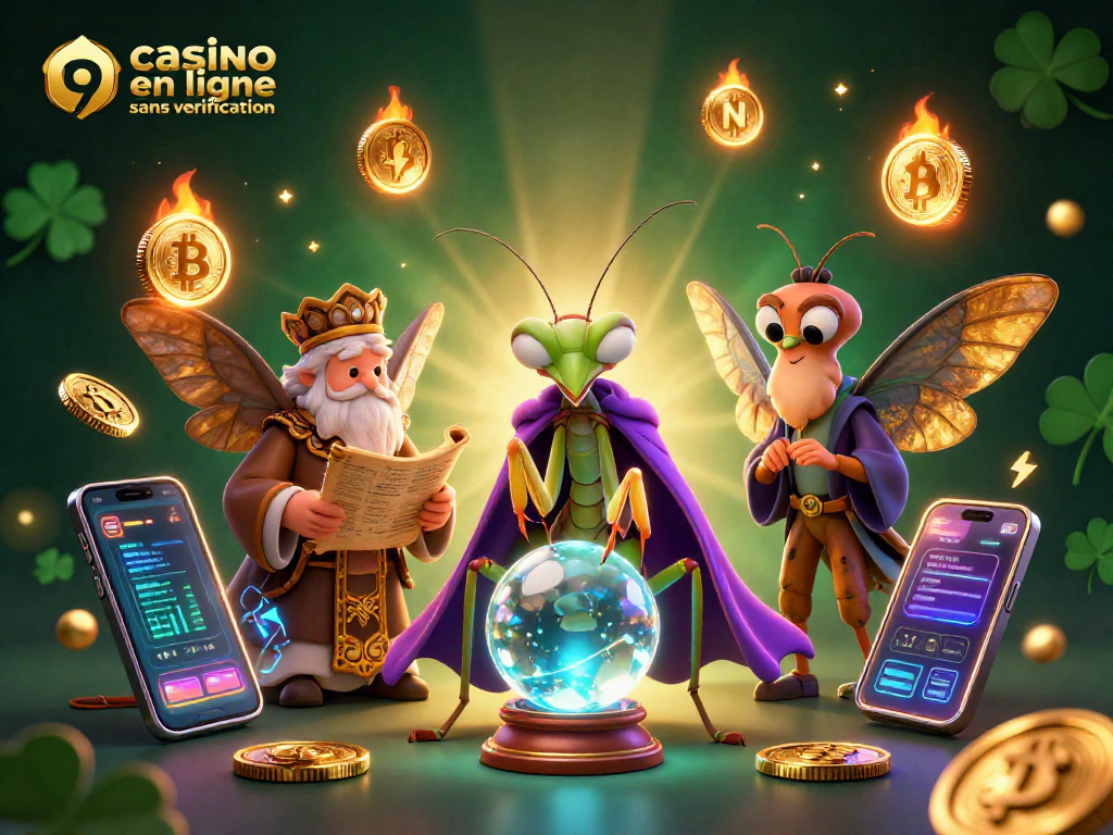 Illustration dynamique du casino en ligne sans vérification avec un mantes fortunée, un papillon sage et des éléments de jeu scintillants.