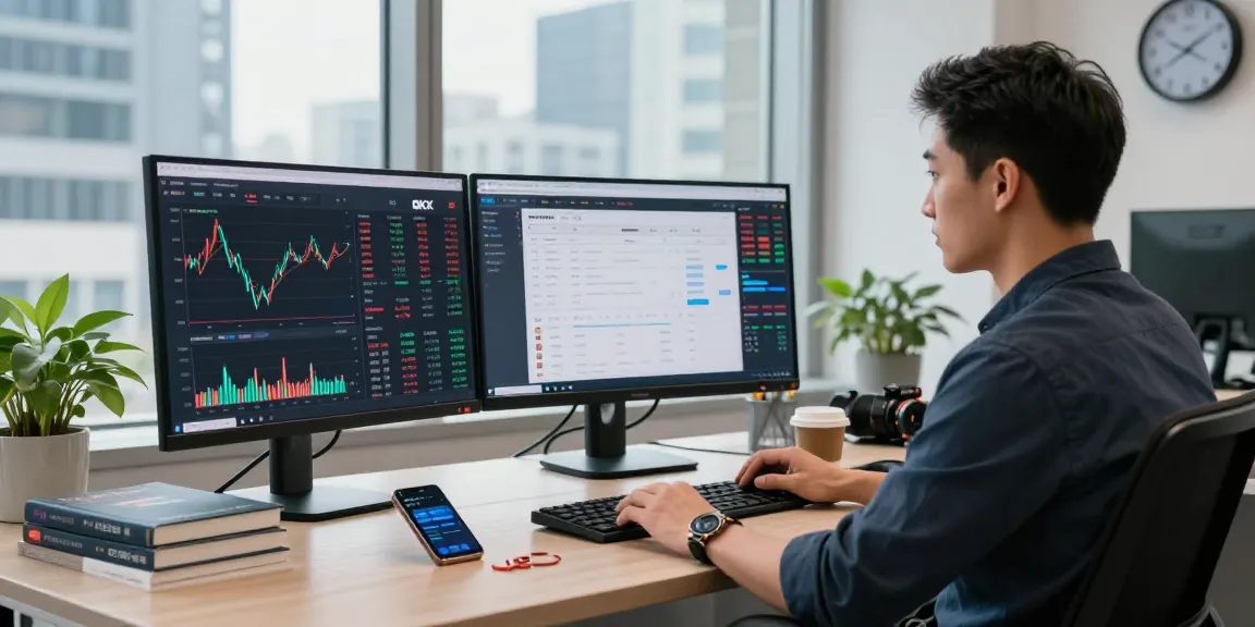 Trader analyzing market trends on OKX in a modern office setting with multiple monitors.
