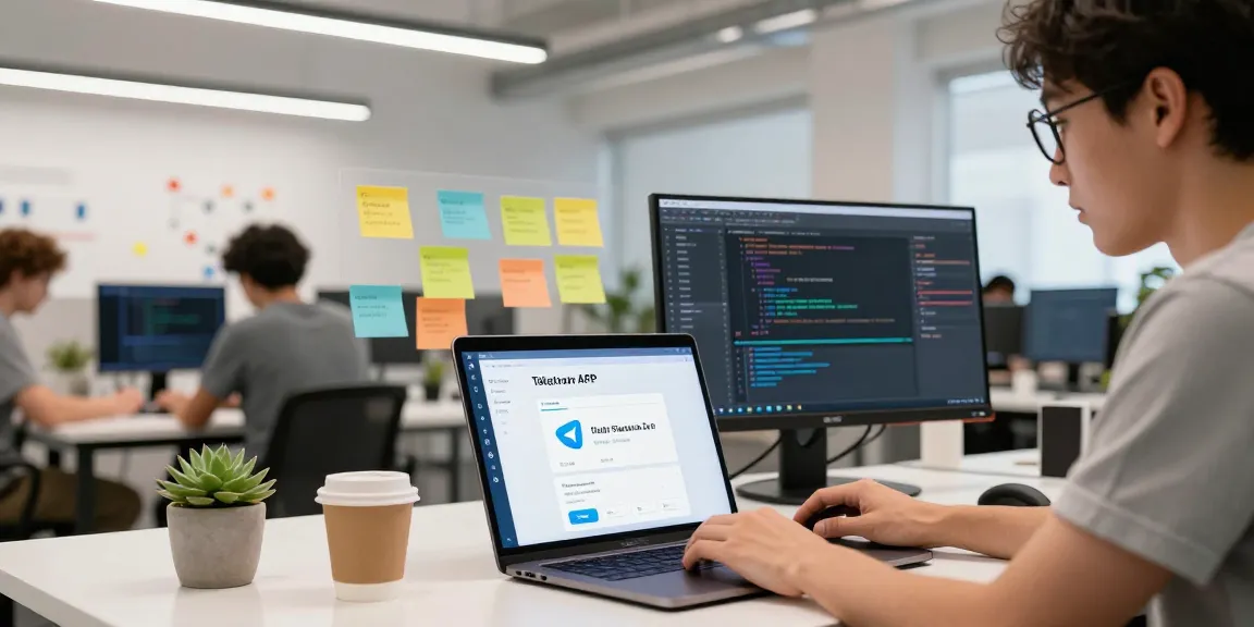 Developer showcasing Telegram Chinese latest APK interface in a modern workspace.