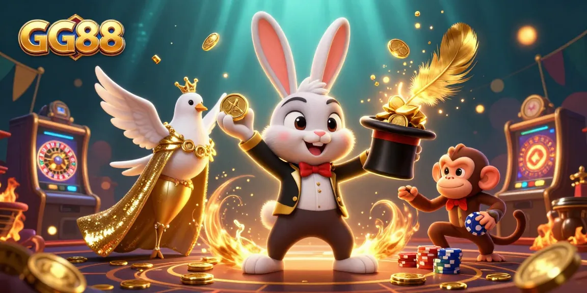 Experience the thrill of GG88 casino with a magician rabbit, dove, and monkey in a vibrant, dynamic scene.