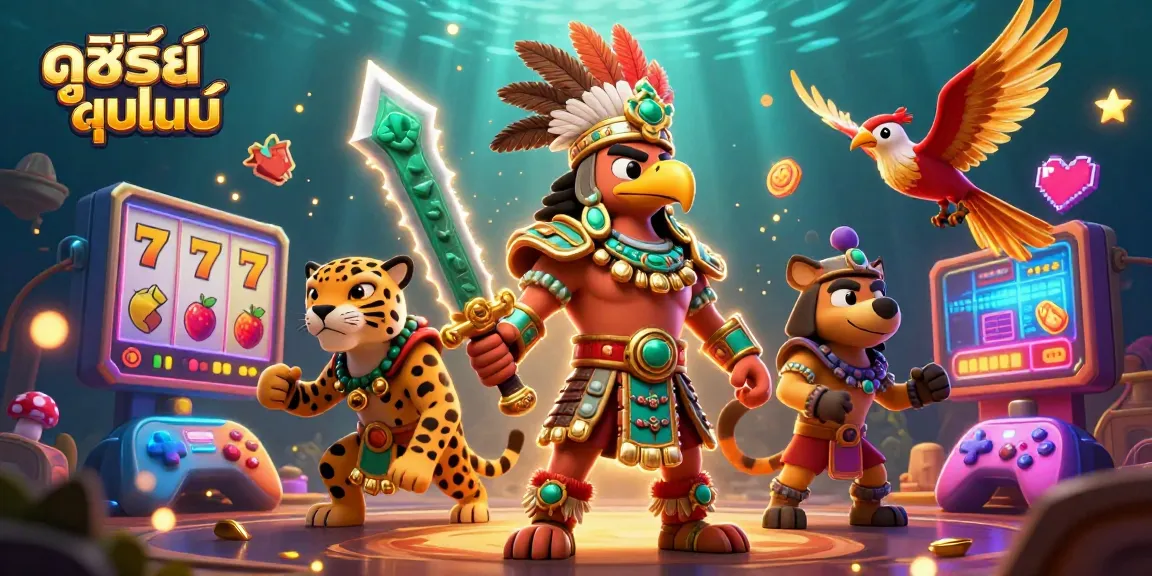 Experience ดูซีรี่ย์ออนไลน์ through an engaging scene with vibrant slot machines and animated characters.