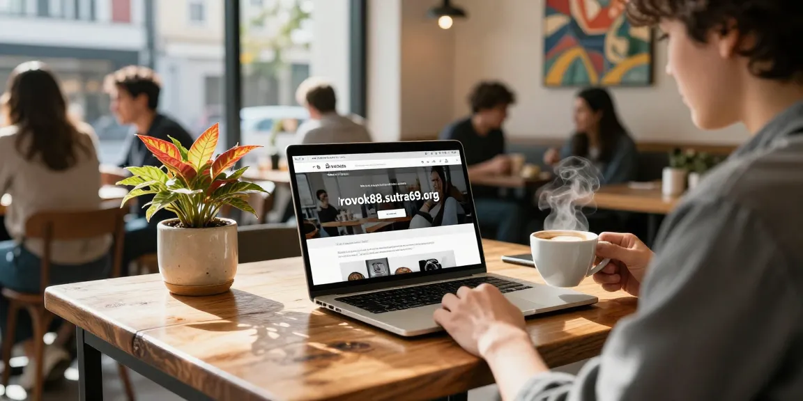 Young adult in café using https://rokok88.sutra69.org on a laptop, relaxing with coffee.