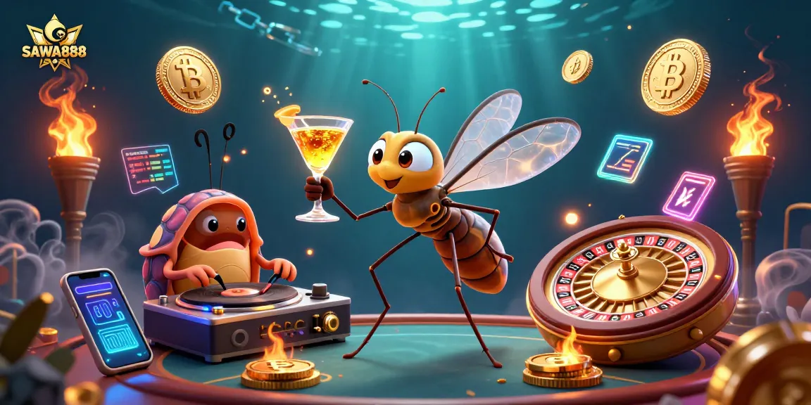 Engage with the latest slots at SAWA888, featuring vibrant characters and gaming elements in an exciting casino scene.