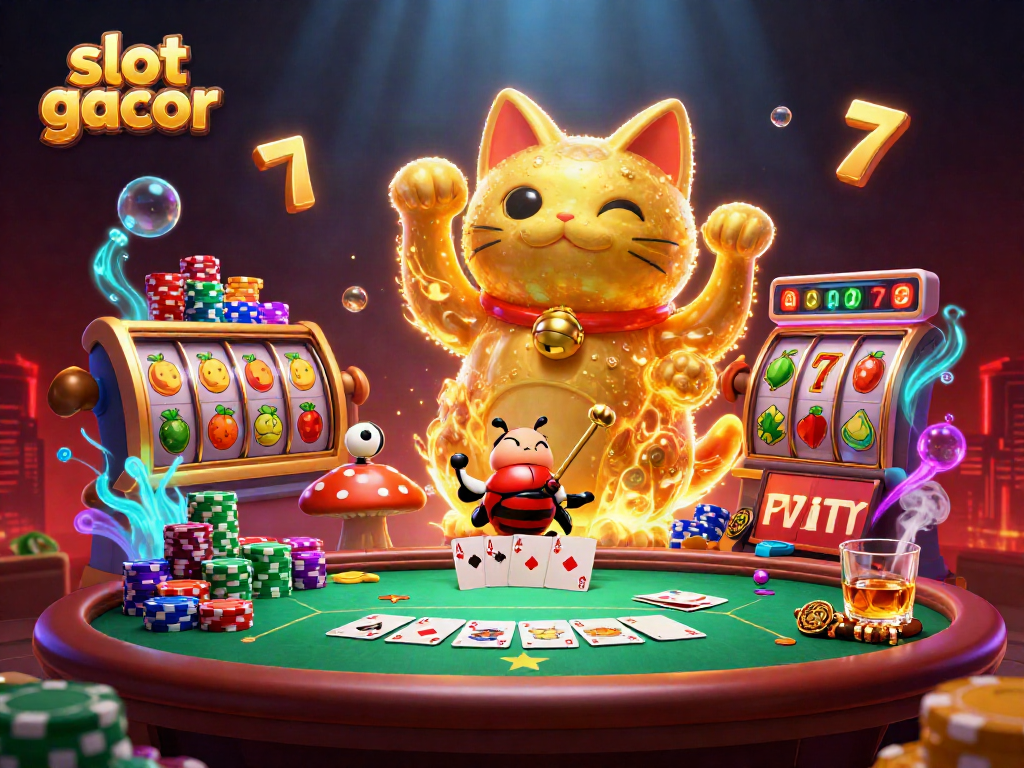 Experience thrilling slot gacor action with vibrant symbols and captivating characters in a lively casino scene.