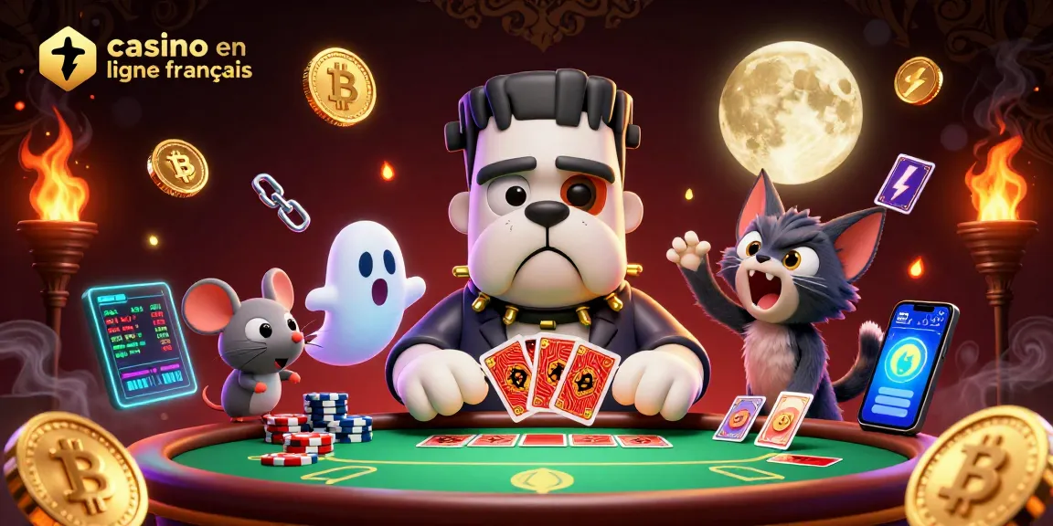Jouez dans un casino en ligne français avec un bulldog Frankenstein et un chat loup dans une scène dynamique.