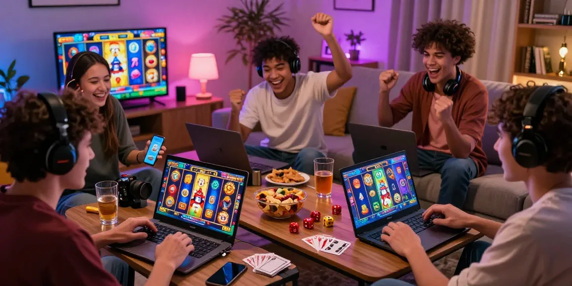 Players enjoying a thrilling session of kecak4d online slots in a lively living room.