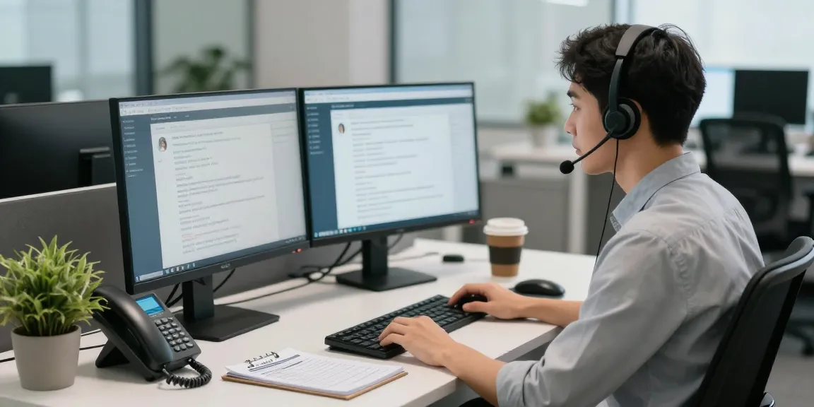 Effective Telus-Technical-Support scene with a customer service agent assisting clients through phone and dual monitors.