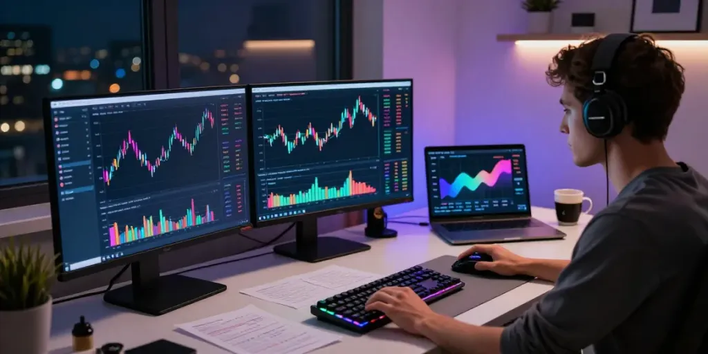 Nighttime crypto trading room showcasing indices data API analysis with bright price charts and trading tools.