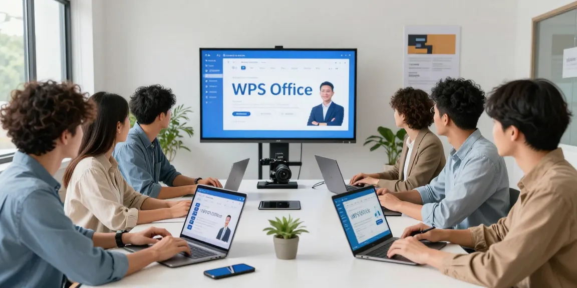 Team members collaborating using WPS Office in a bright office, demonstrating wps下载 benefits for seamless productivity.