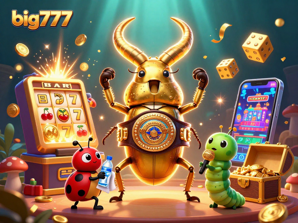 Experience the thrill of big777 with vibrant casino elements exploding around a golden stag beetle champion.