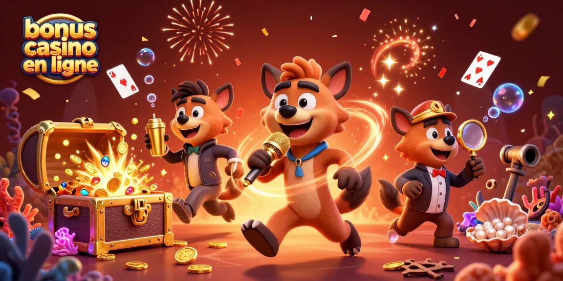 Profitez des bonus casino en ligne avec une illustration dynamique de l'humour et de l'excitation des jeux.