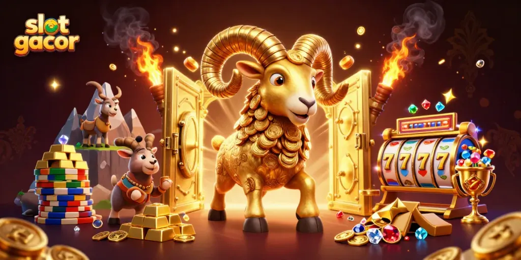 Spin to win with slot gacor in a vibrant 3D casino illustration filled with treasures!