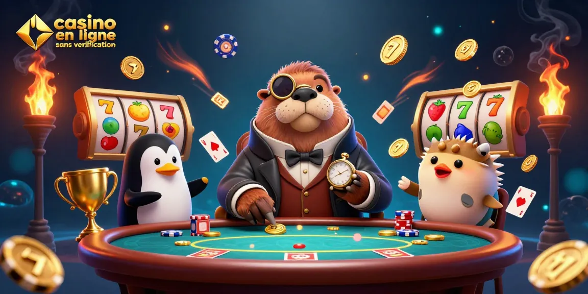 Participer à des jeux de casino en ligne sans vérification avec un pôlaris, un croupier pingouin et un poisson-globe bluffant.