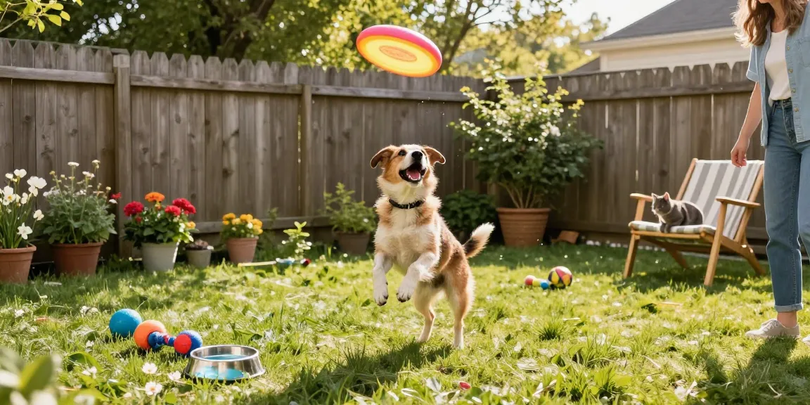 Playful dog catching frisbee in sunny backyard with NAGA2000 pet care scene