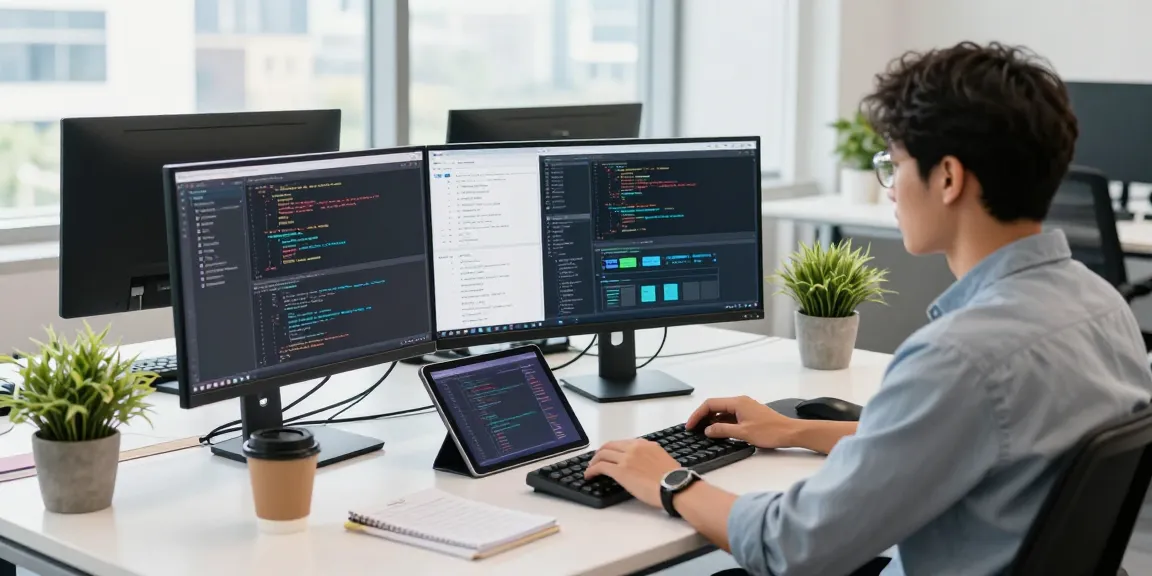 Developer working on 纸飞机中文版 in a modern tech office, showcasing coding projects and design elements.
