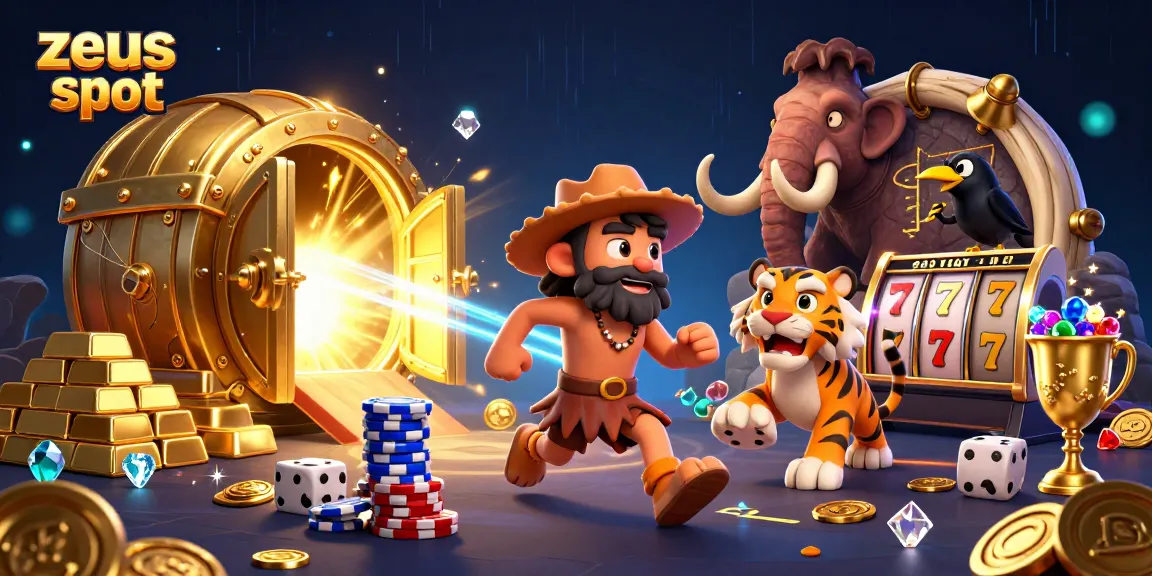 Experience thrilling gameplay with zeus slot at a vibrant prehistoric casino, featuring exciting characters and treasures.