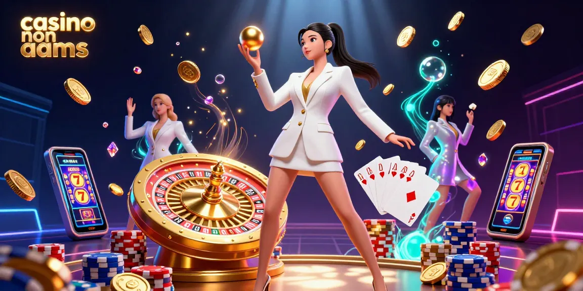 Immergiti nel vibrante mondo dei casinò non AAMS, caratterizzato da una scena dinamica con una splendida donna asiatica tra monete d'oro, ruote della roulette e elementi di poker.