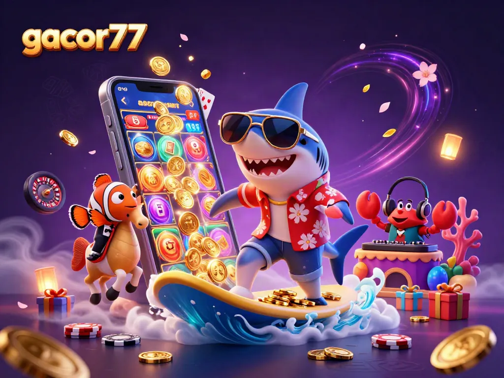 Gacor77 menghadirkan aksi luar biasa dengan hiu kartun bermain slot di lautan koin emas.