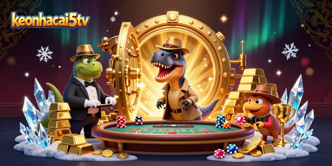 Experience thrilling moments at keonhacai5tv with a cartoon velociraptor and casino scene.