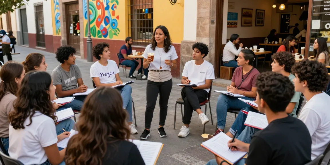 Cursos de español en España con estudiantes diversos participando en una animada clase de conversación en español en una ubicación vibrante de la ciudad.