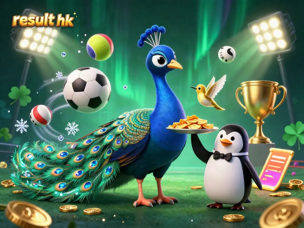 Mengambil hasil togel terbaru dari result hk di ilustrasi kasino dengan burung merak dan penguin.