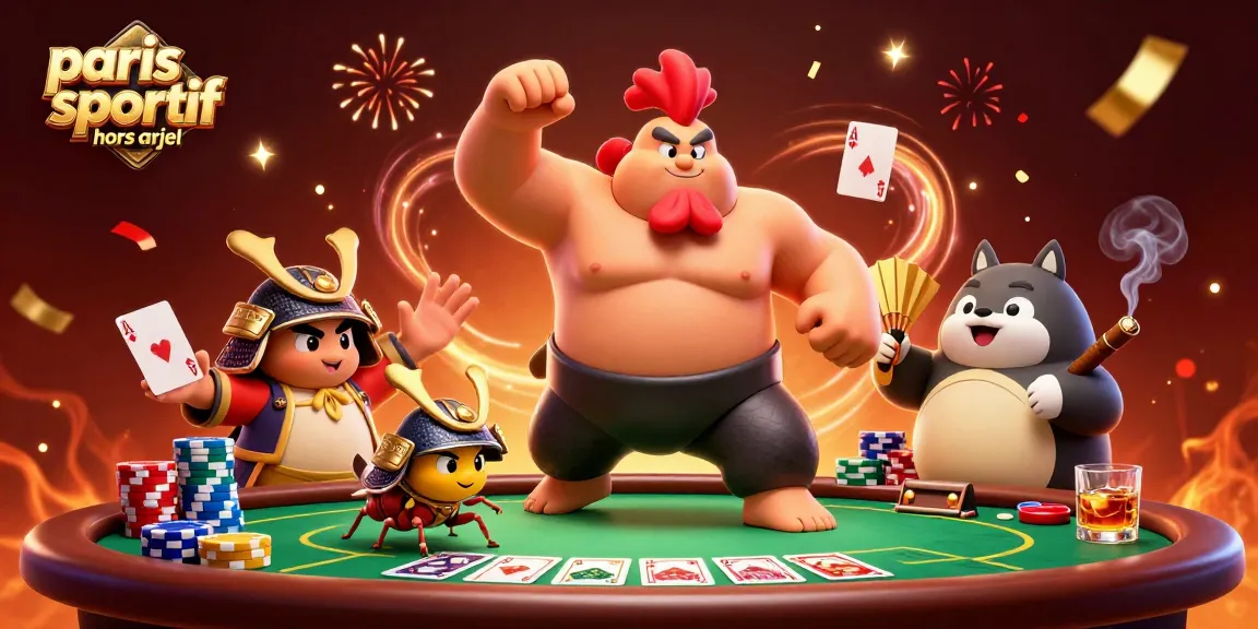 Plongez dans l'univers des paris sportifs hors ARJEL avec un bunyip et un cricket, entourés de jetons et cartes de poker.