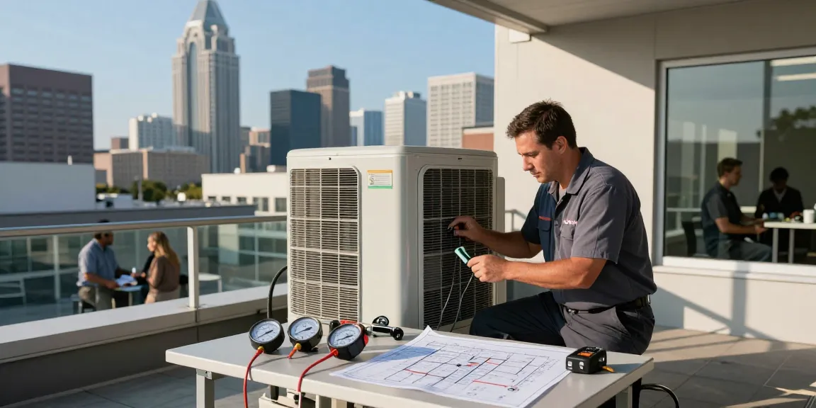 David Vepraskas Atlanta technician servicing HVAC rooftop unit in bustling office setting.
