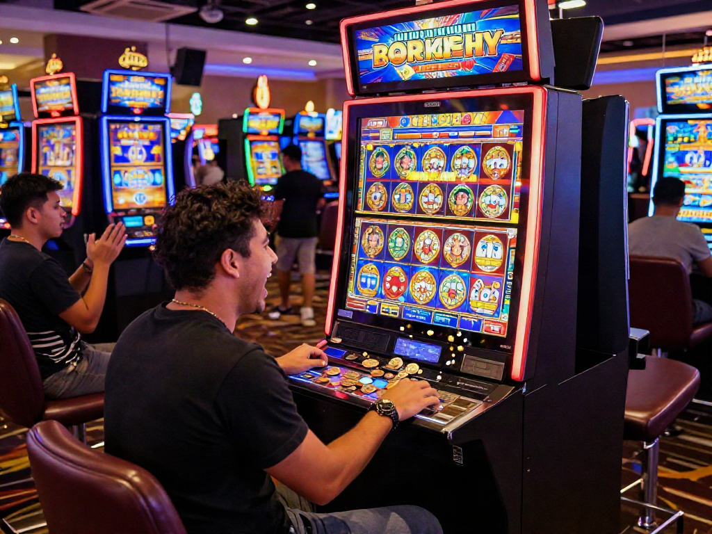 Exciting scene of players hitting a jackpot on a vibrant slot luar negeri machine in a lively casino environment.