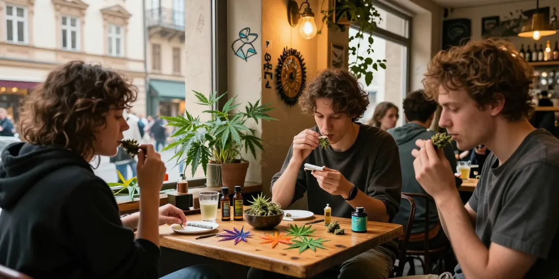 Where Can I Buy Top Quality Weed In Prague? Friends enjoying cannabis at a coffee shop with vibrant Prague architecture.