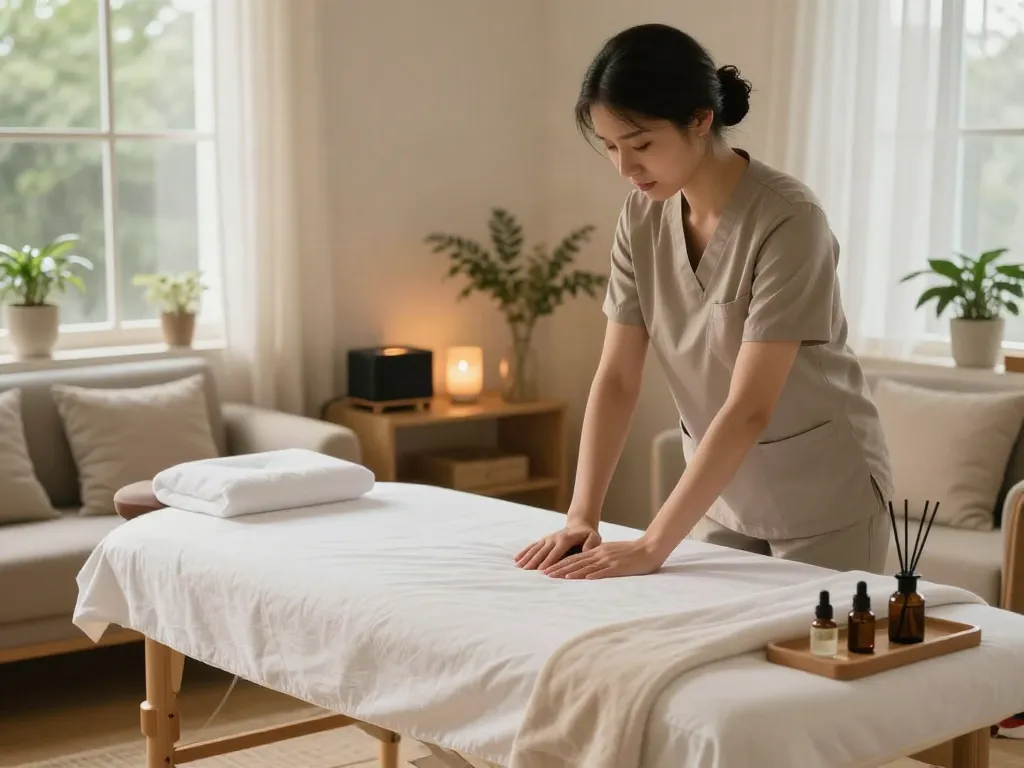 부천출장마사지 in a serene home setting with a professional therapist preparing a calming massage environment.