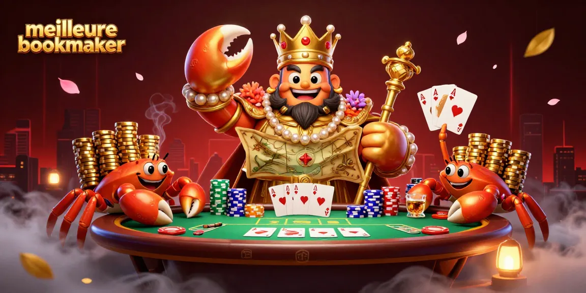Meilleure bookmaker : illustration captivante d'un crabe royal en casino, entouré de jetons et cartes