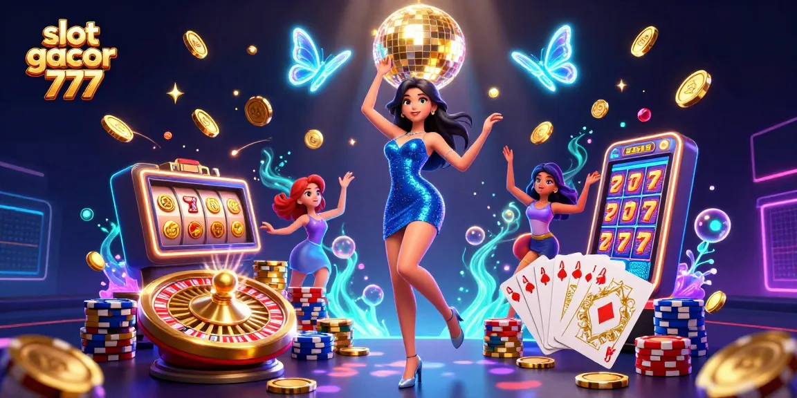 Engaging scene of slot gacor 777 featuring glitzy woman surrounded by casino game elements and coins.