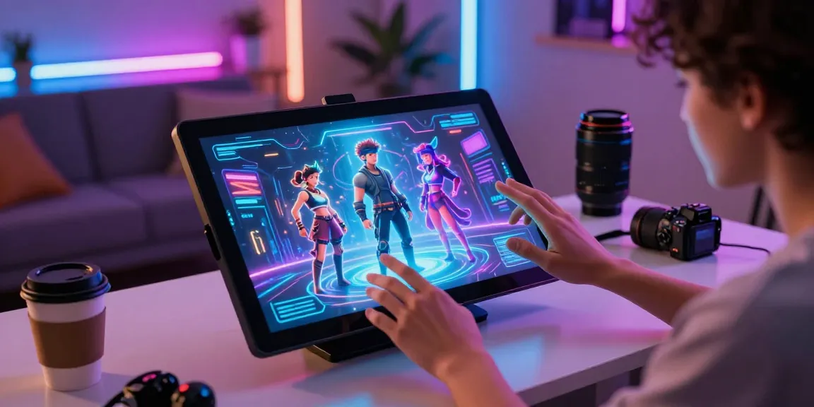 Dynamic scene of user engaging with character ai nsfw on a touchscreen, futuristic tech setup.
