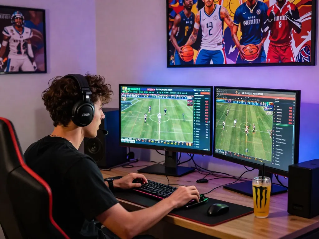 Gamer bersemangat yang mendaftar di 7meter daftar, dikelilingi oleh perangkat gaming dan memorabilia olahraga.