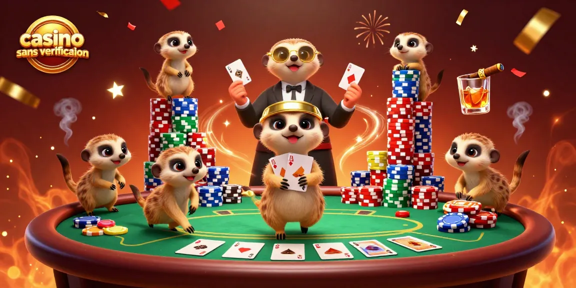 Jouer au casino sans vérification, où des suricates gèrent le jeu dynamique autour d'une table de poker.