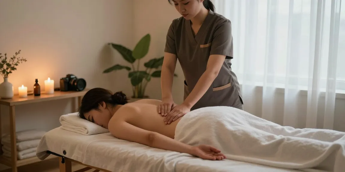 Relaxing 출장마사지 scene with a therapist and calming atmosphere, highlighting relaxation.