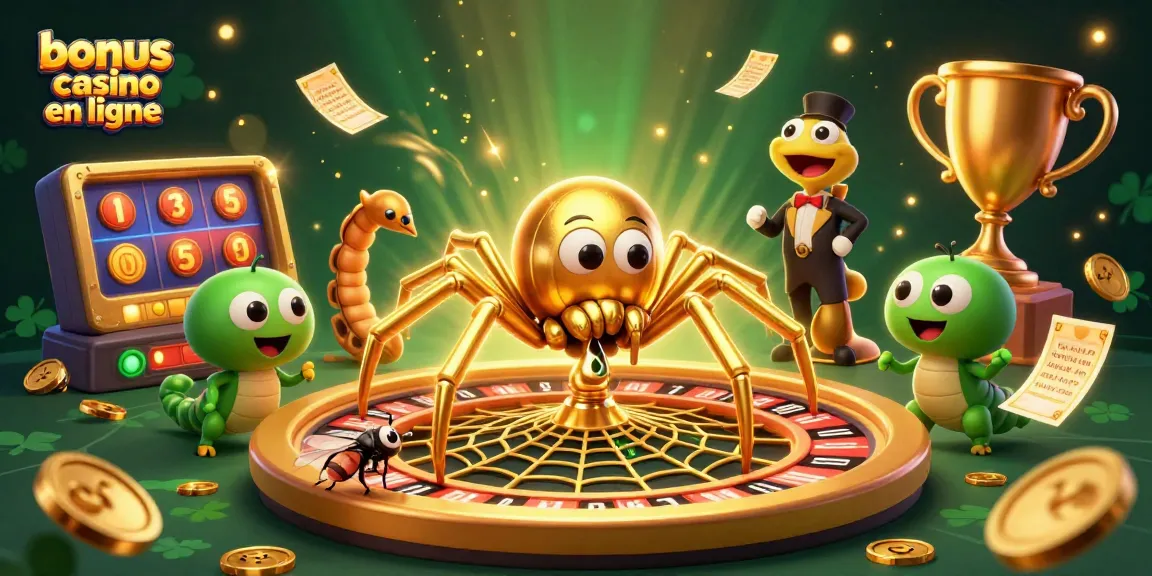 Profitez des bonus casino en ligne avec une illustration du web doré et personnages animés.